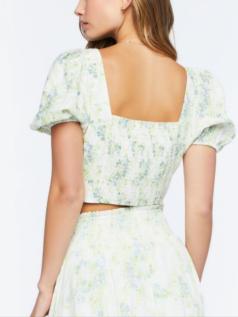 Forever 21 Light Green Floral Puff-Sleeve Crop Top NWT